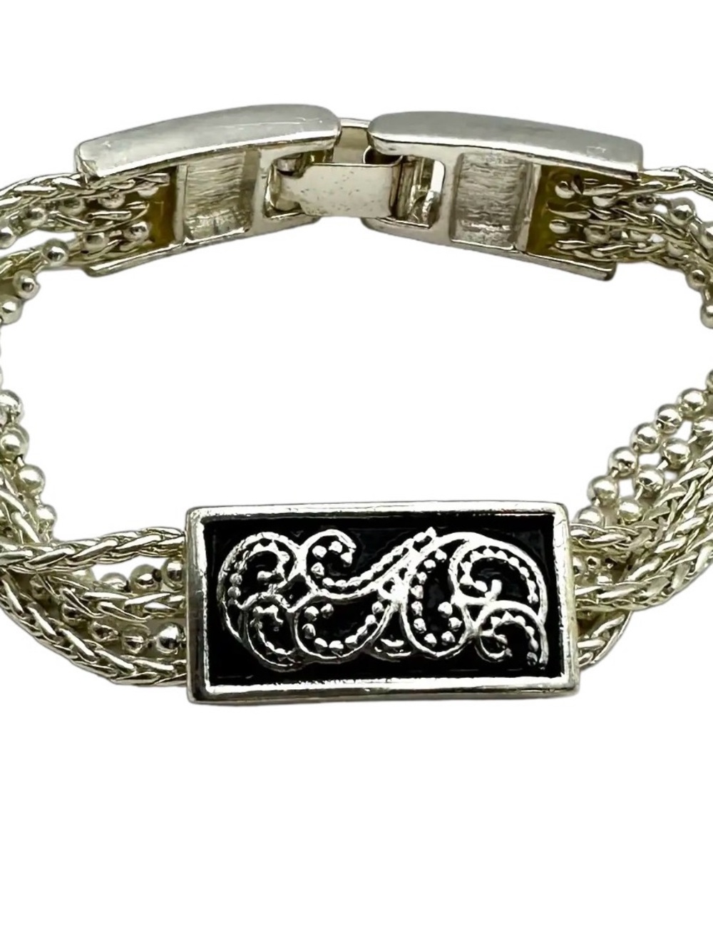 Napier Silver-Tone Multi-Strand Bracelet with Black Enamel Filigree Plaque